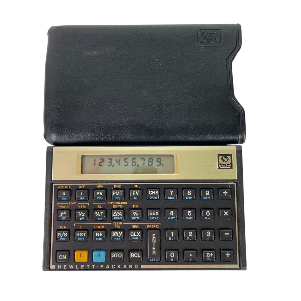 HP 12C Gold Financial Calculator original HP slip case Tested, Has Batteries